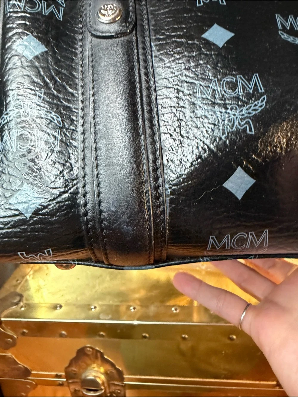 MCM Black Monogram Satchel Boston with Green-Silver-Orange MCM Charm